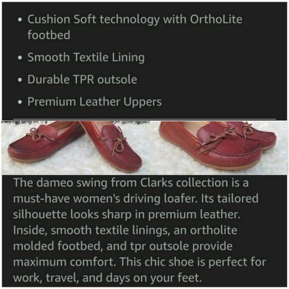 Red Leather Moccasins Clarks Dameo Swing Size 7 Slip On Cushioned Driving Loafer - Picture 15 of 15